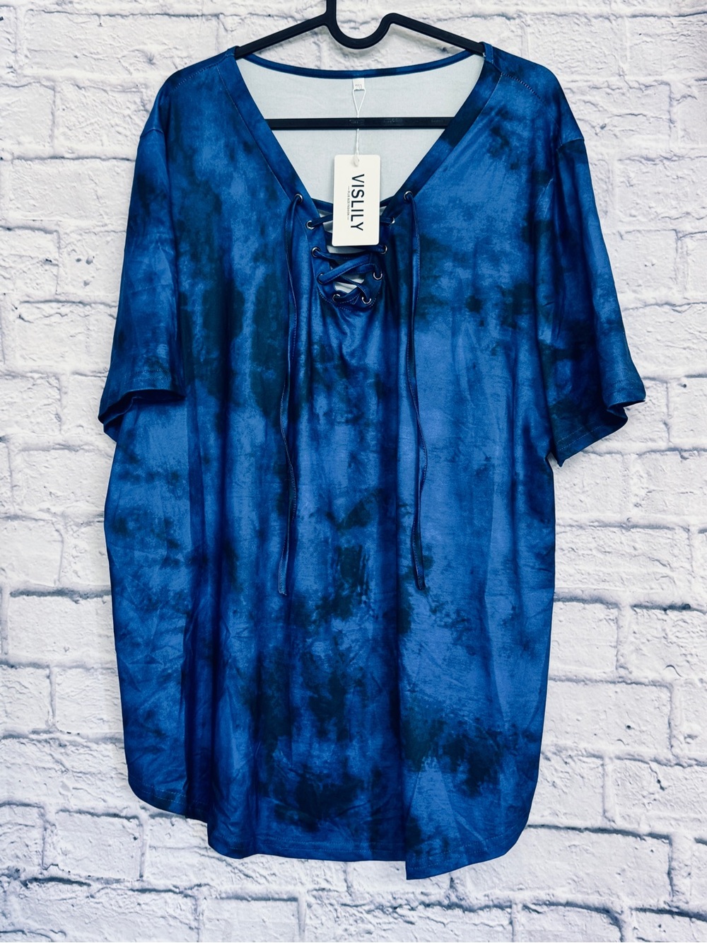 Visily Navy Tie-Dye Lace-Up Tee